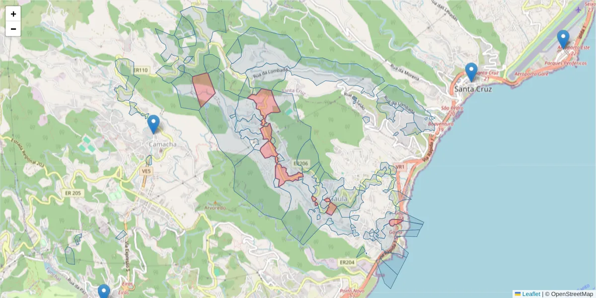 Mapa detalhado do código postal 9100-055 com limites, códigos postais vizinhos e agências dos correios