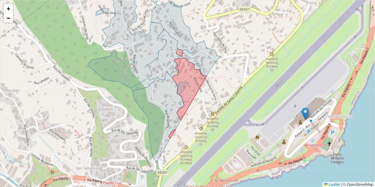 Mapa detalhado do código postal 9100-101 com limites, códigos postais vizinhos e agências dos correios