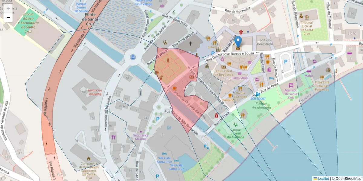 Mapa detalhado do código postal 9100-150 com limites, códigos postais vizinhos e agências dos correios