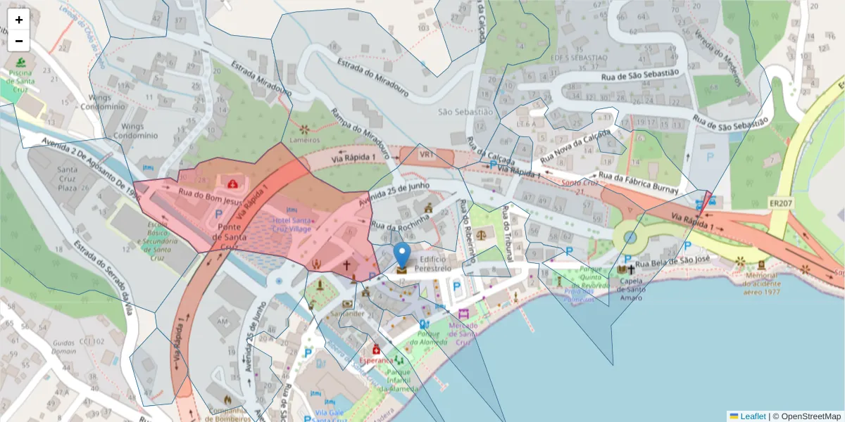 Mapa detalhado do código postal 9100-152 com limites, códigos postais vizinhos e agências dos correios