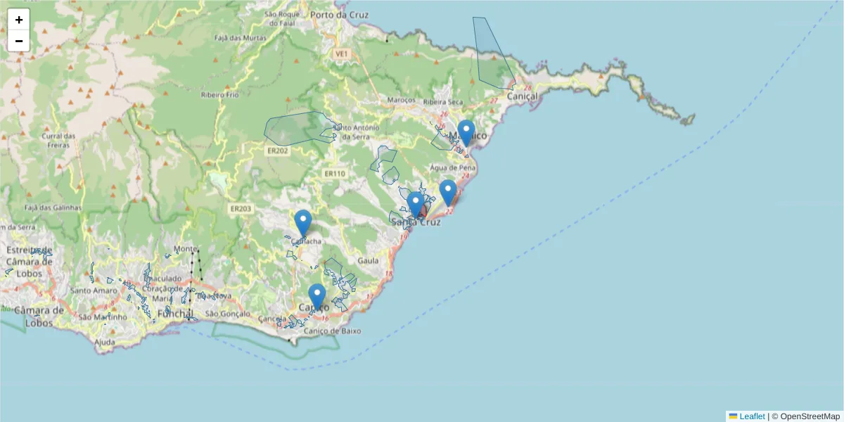 Mapa detalhado do código postal 9100-175 com limites, códigos postais vizinhos e agências dos correios