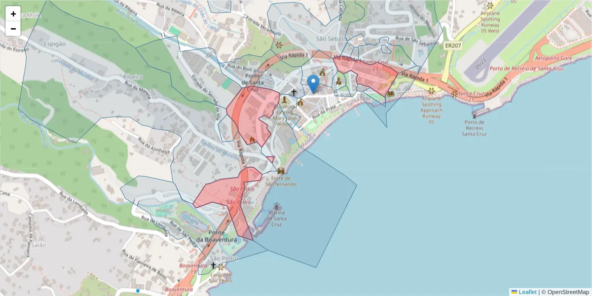 Mapa detalhado do código postal 9100-180 com limites, códigos postais vizinhos e agências dos correios