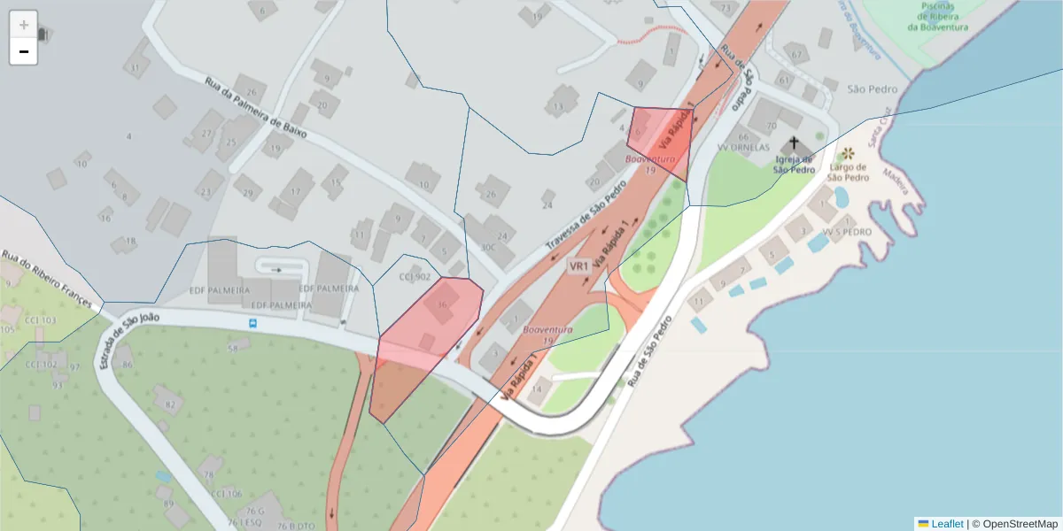 Mapa detalhado do código postal 9100-206 com limites, códigos postais vizinhos e agências dos correios