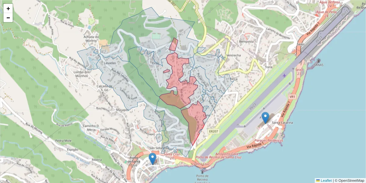 Mapa detalhado do código postal 9100-208 com limites, códigos postais vizinhos e agências dos correios