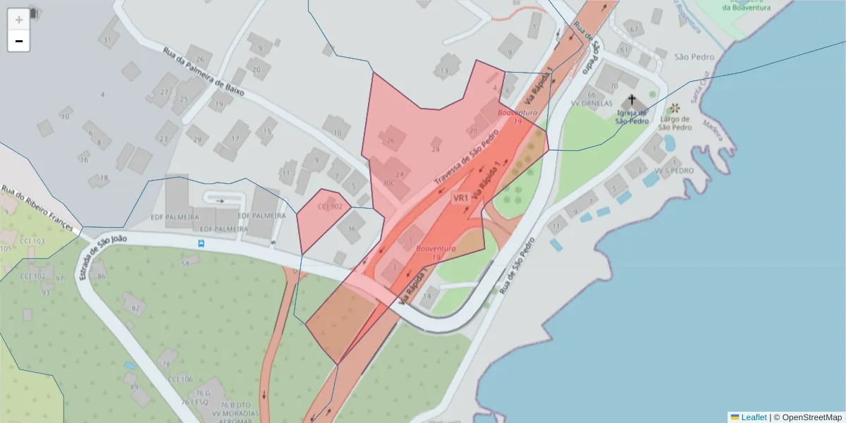 Mapa detalhado do código postal 9100-216 com limites, códigos postais vizinhos e agências dos correios