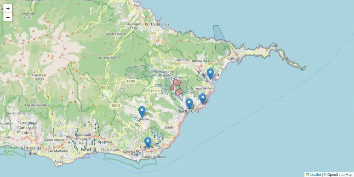 Mapa detalhado do código postal 9100-220 com limites, códigos postais vizinhos e agências dos correios
