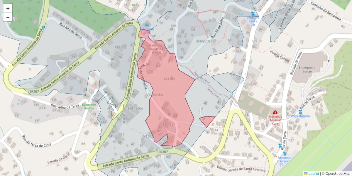 Mapa detalhado do código postal 9100-221 com limites, códigos postais vizinhos e agências dos correios