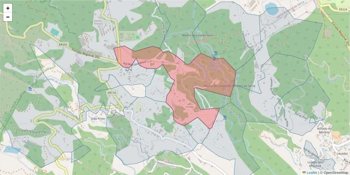 Mapa detalhado do código postal 9100-250 com limites, códigos postais vizinhos e agências dos correios