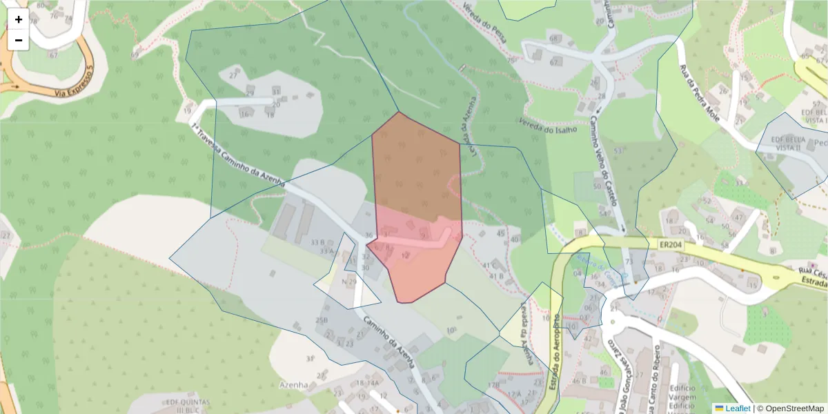 Mapa detalhado do código postal 9125-001 com limites, códigos postais vizinhos e agências dos correios