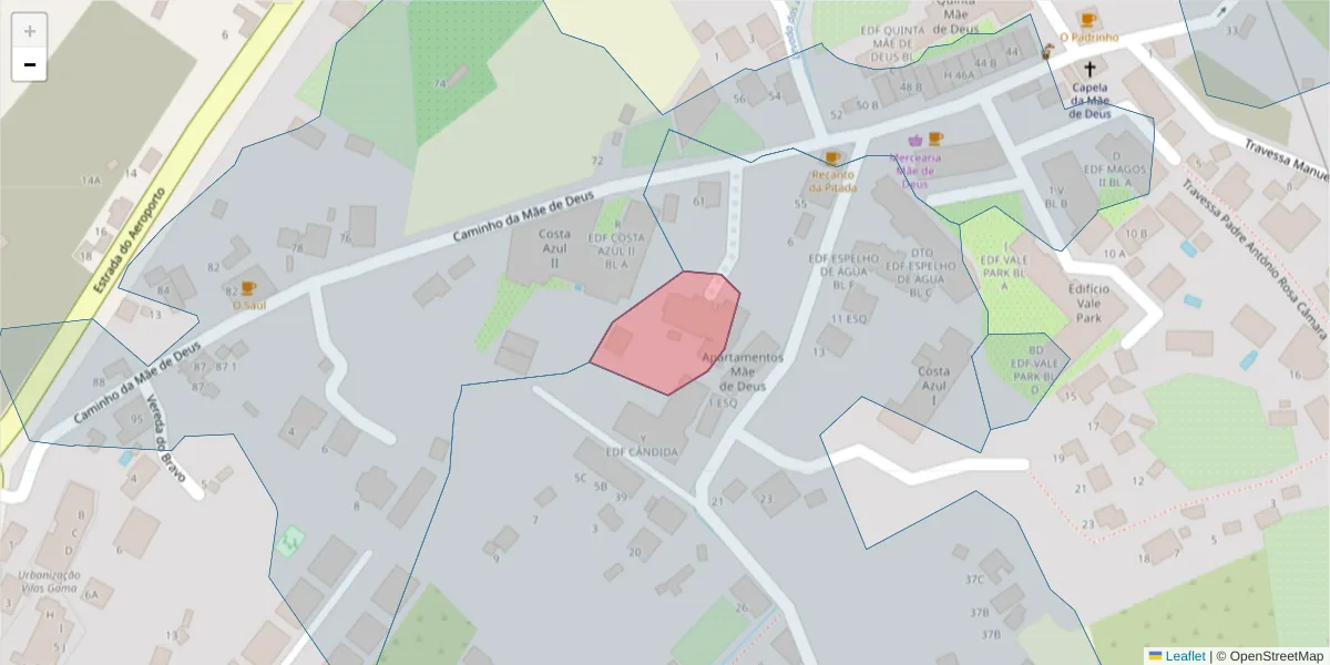 Mapa detalhado do código postal 9125-007 com limites, códigos postais vizinhos e agências dos correios