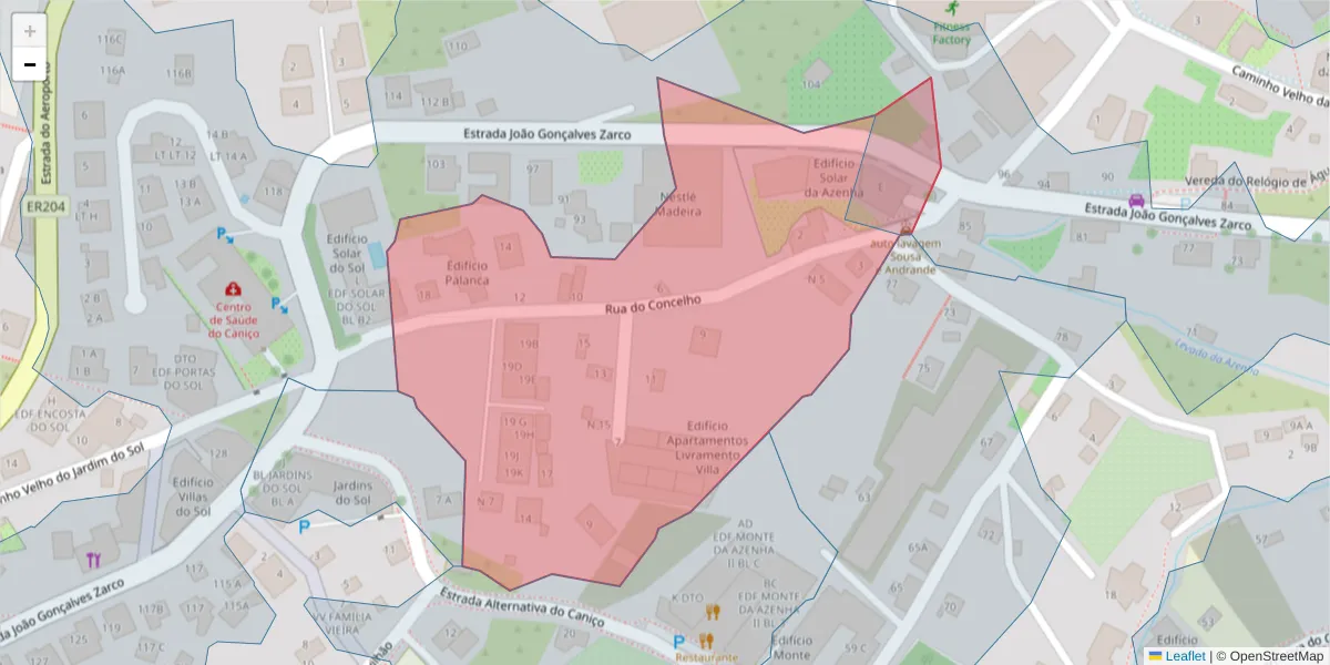 Mapa detalhado do código postal 9125-012 com limites, códigos postais vizinhos e agências dos correios