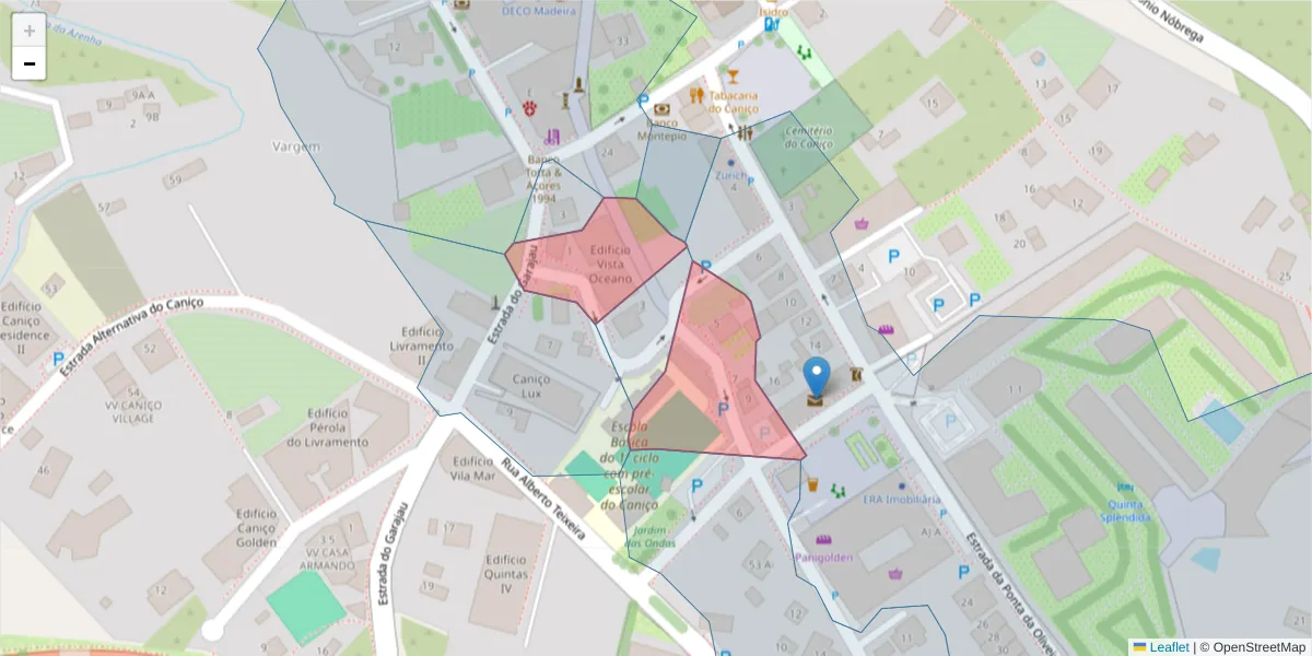 Mapa detalhado do código postal 9125-015 com limites, códigos postais vizinhos e agências dos correios