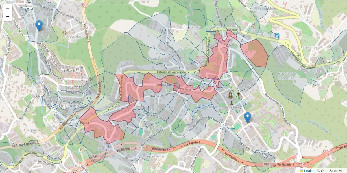 Mapa detalhado do código postal 9125-018 com limites, códigos postais vizinhos e agências dos correios
