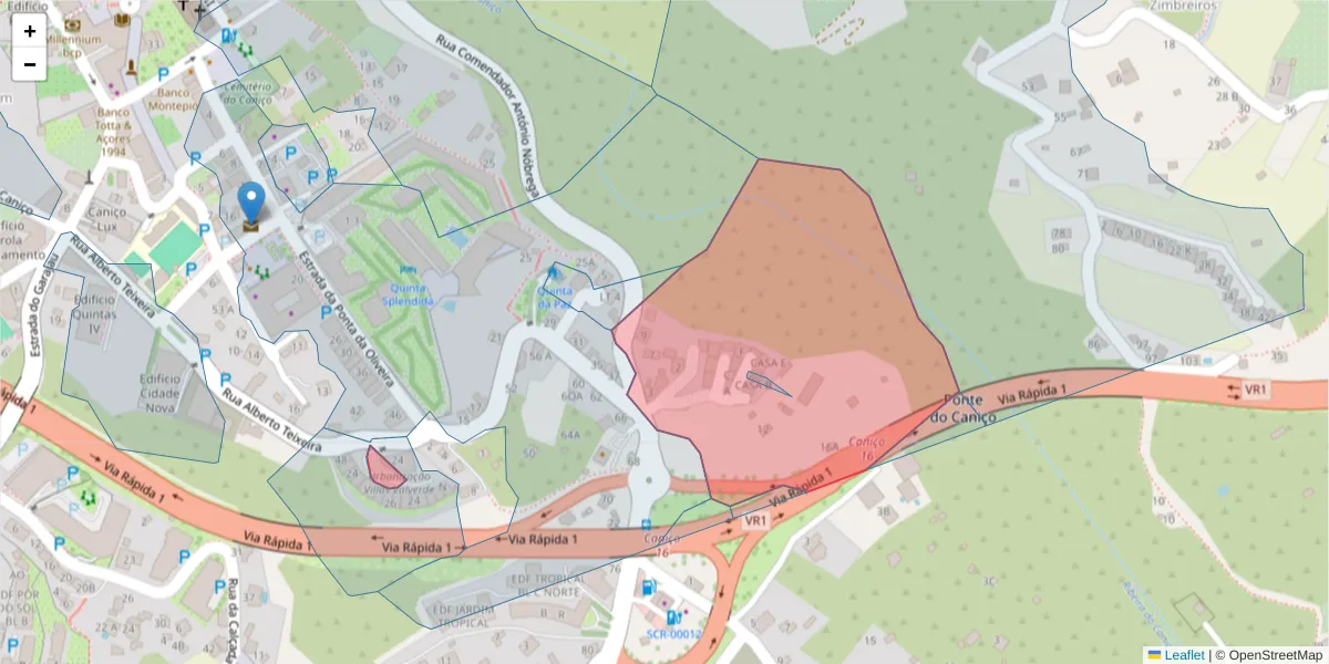 Mapa detalhado do código postal 9125-030 com limites, códigos postais vizinhos e agências dos correios