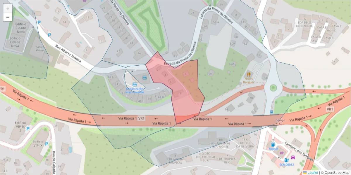 Mapa detalhado do código postal 9125-038 com limites, códigos postais vizinhos e agências dos correios