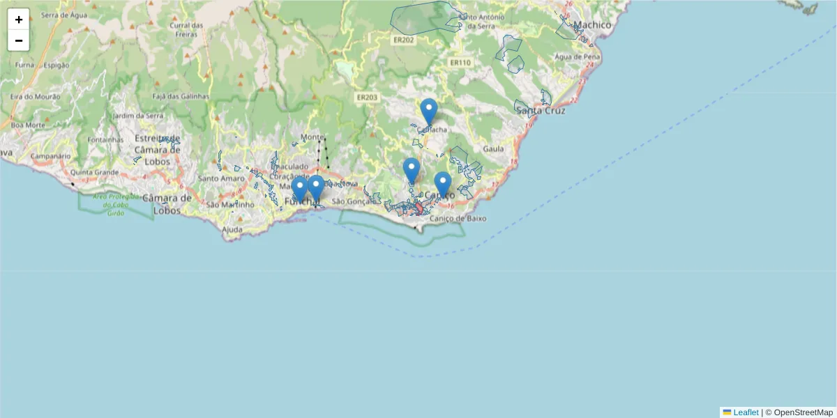 Mapa detalhado do código postal 9125-043 com limites, códigos postais vizinhos e agências dos correios