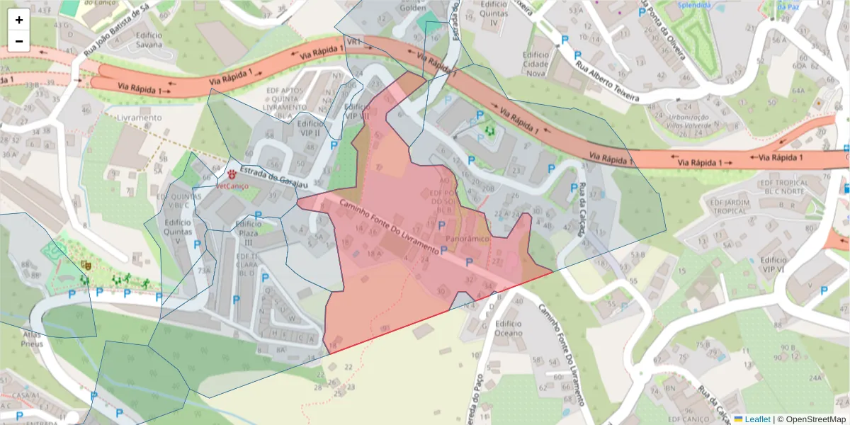 Mapa detalhado do código postal 9125-065 com limites, códigos postais vizinhos e agências dos correios