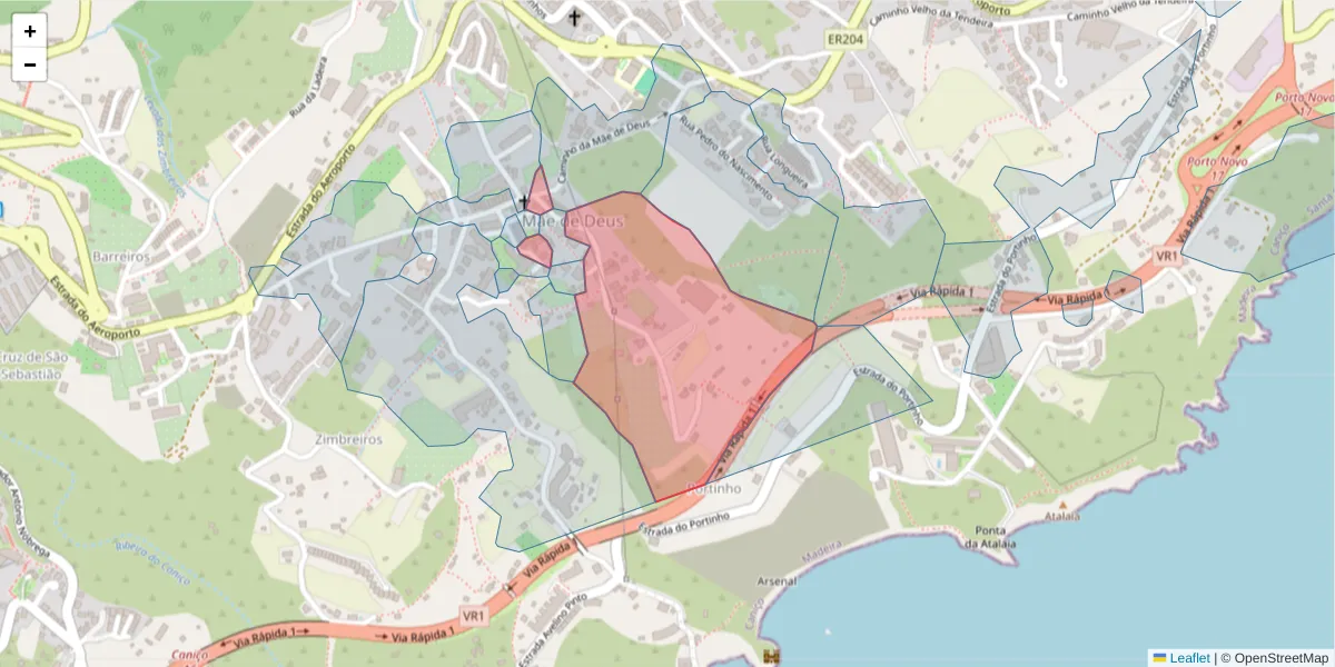 Mapa detalhado do código postal 9125-102 com limites, códigos postais vizinhos e agências dos correios
