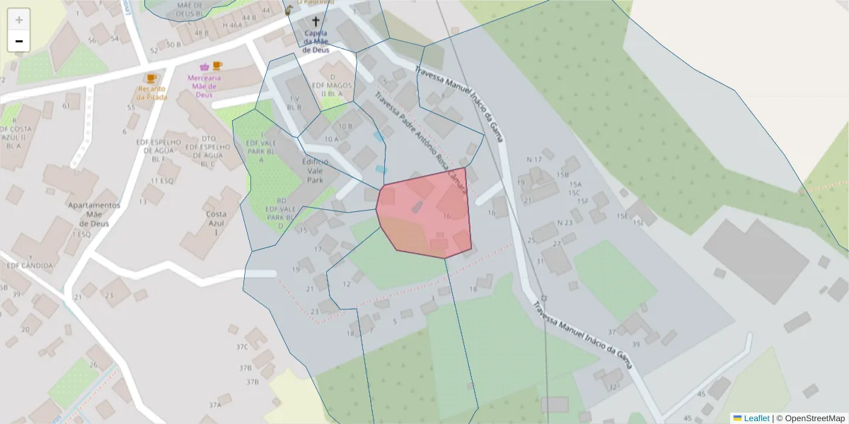 Mapa detalhado do código postal 9125-189 com limites, códigos postais vizinhos e agências dos correios