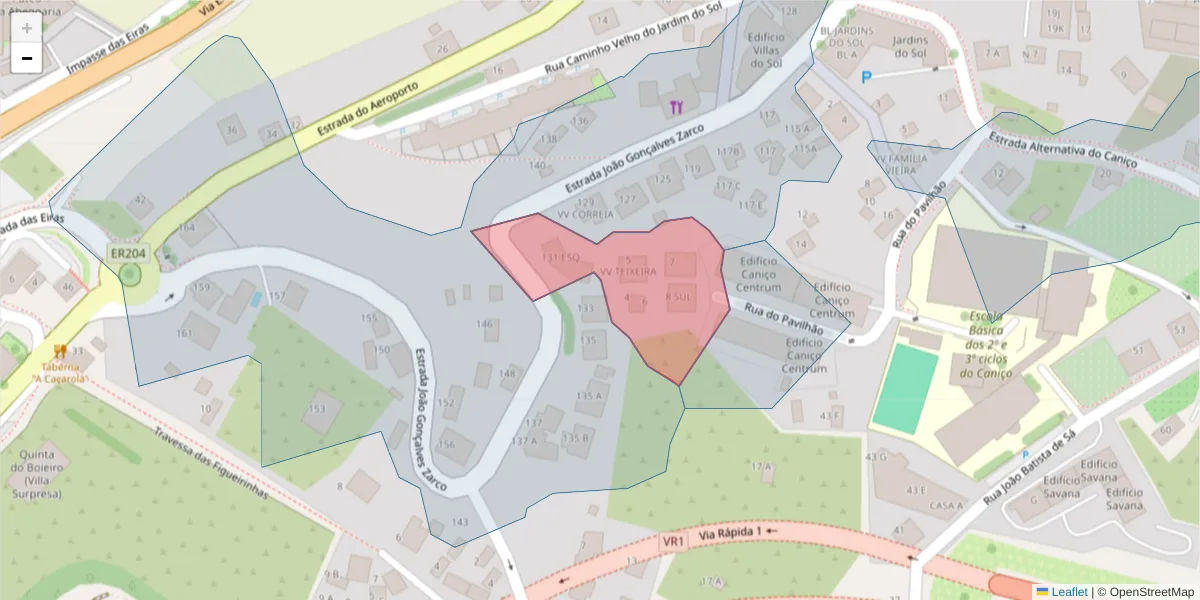 Mapa detalhado do código postal 9125-214 com limites, códigos postais vizinhos e agências dos correios