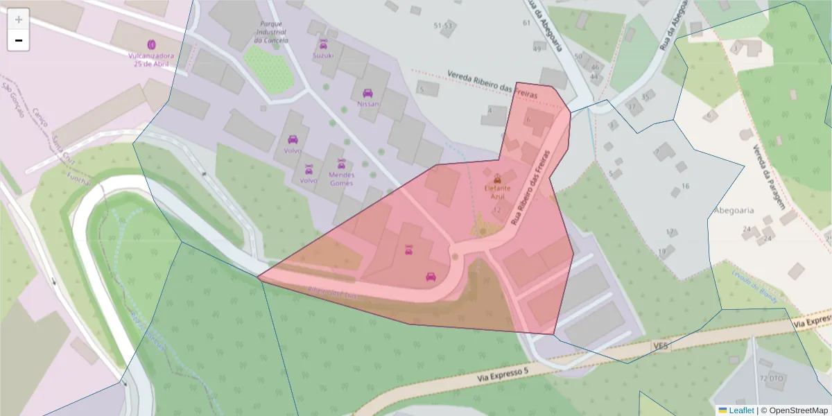 Mapa detalhado do código postal 9125-215 com limites, códigos postais vizinhos e agências dos correios
