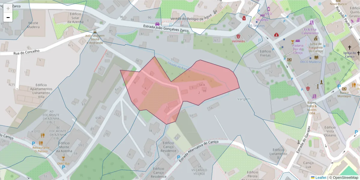Mapa detalhado do código postal 9125-224 com limites, códigos postais vizinhos e agências dos correios