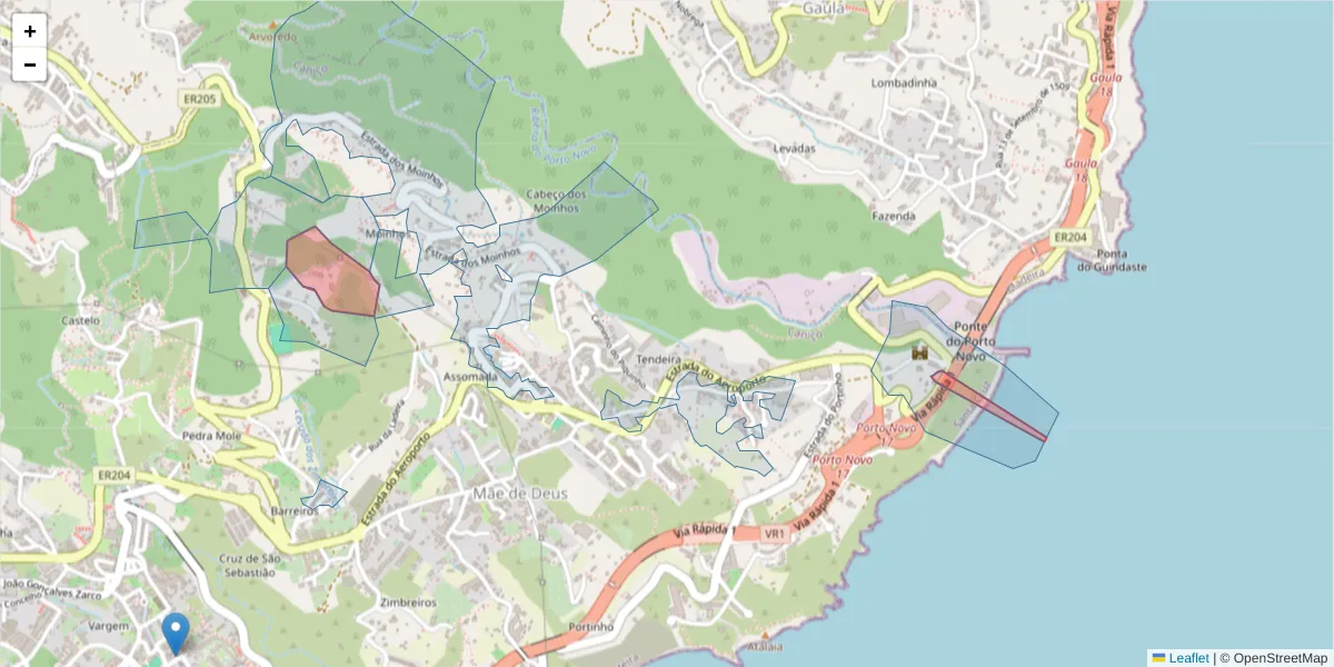 Mapa detalhado do código postal 9125-225 com limites, códigos postais vizinhos e agências dos correios