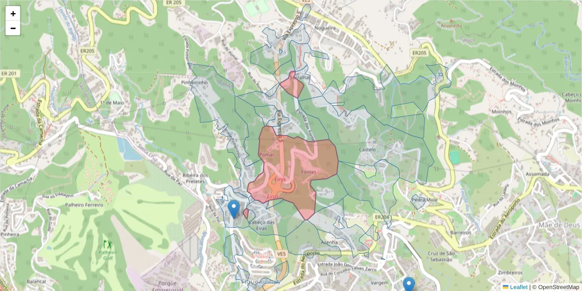 Mapa detalhado do código postal 9125-249 com limites, códigos postais vizinhos e agências dos correios