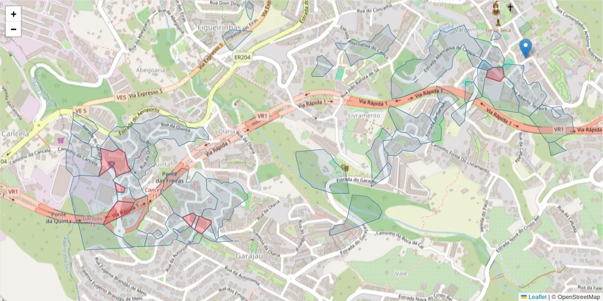 Mapa detalhado do código postal 9125-254 com limites, códigos postais vizinhos e agências dos correios