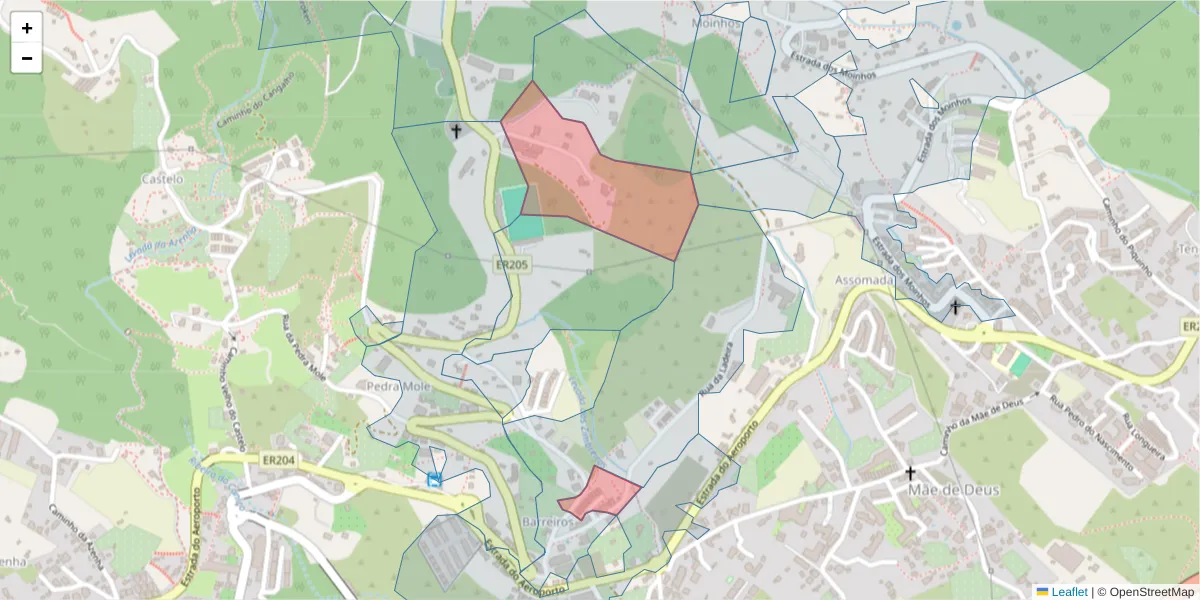 Mapa detalhado do código postal 9125-258 com limites, códigos postais vizinhos e agências dos correios