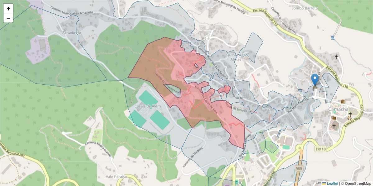 Mapa detalhado do código postal 9135-405 com limites, códigos postais vizinhos e agências dos correios