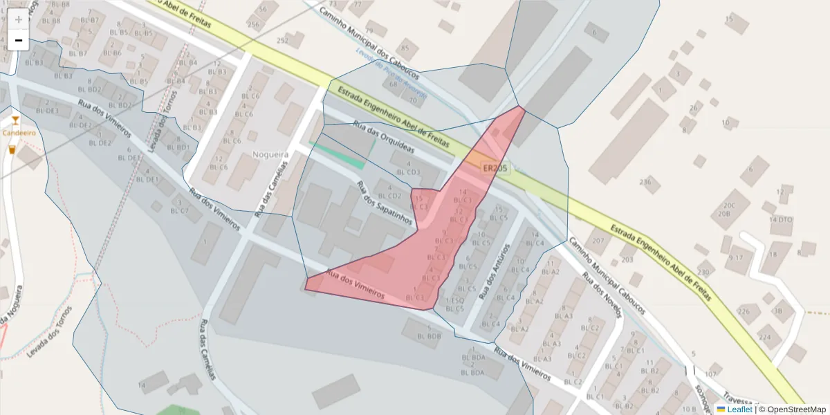 Mapa detalhado do código postal 9135-406 com limites, códigos postais vizinhos e agências dos correios