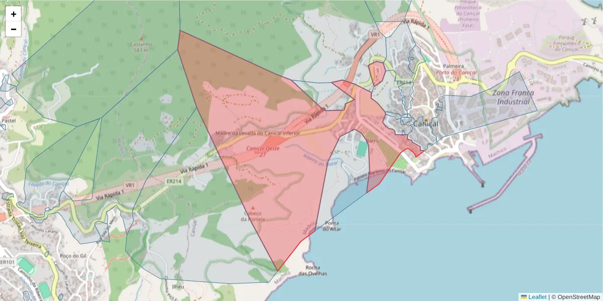 Mapa detalhado do código postal 9200-031 com limites, códigos postais vizinhos e agências dos correios