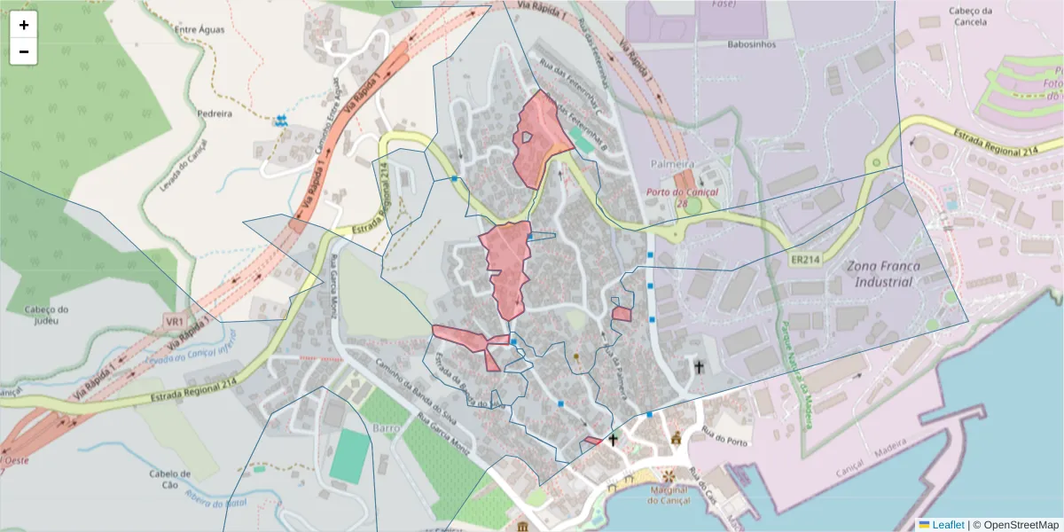 Mapa detalhado do código postal 9200-039 com limites, códigos postais vizinhos e agências dos correios