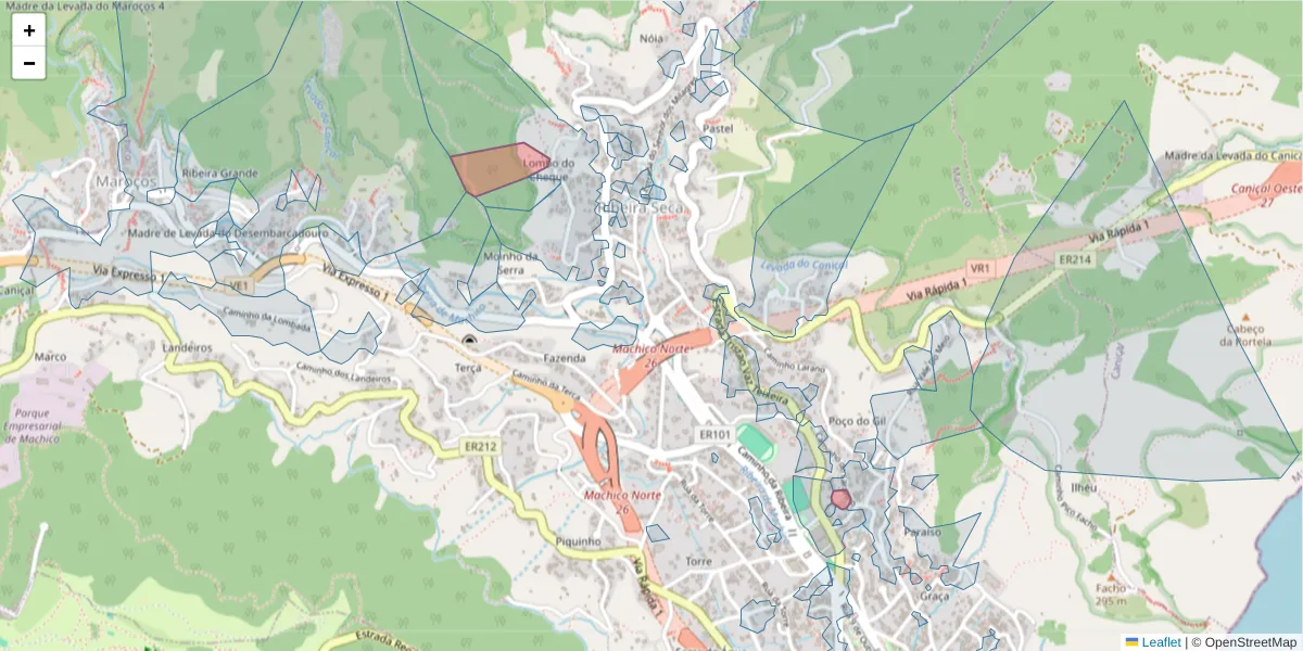 Mapa detalhado do código postal 9200-072 com limites, códigos postais vizinhos e agências dos correios