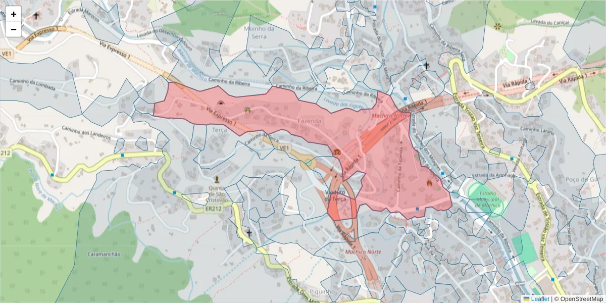 Mapa detalhado do código postal 9200-075 com limites, códigos postais vizinhos e agências dos correios