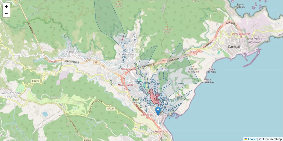 Mapa detalhado do código postal 9200-077 com limites, códigos postais vizinhos e agências dos correios