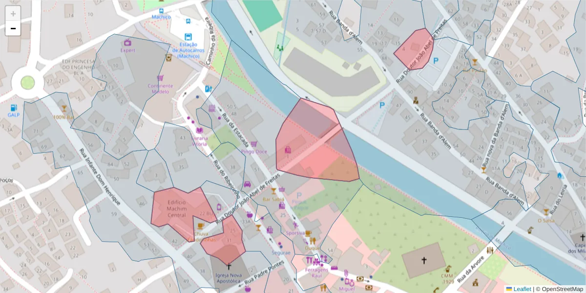 Mapa detalhado do código postal 9200-090 com limites, códigos postais vizinhos e agências dos correios
