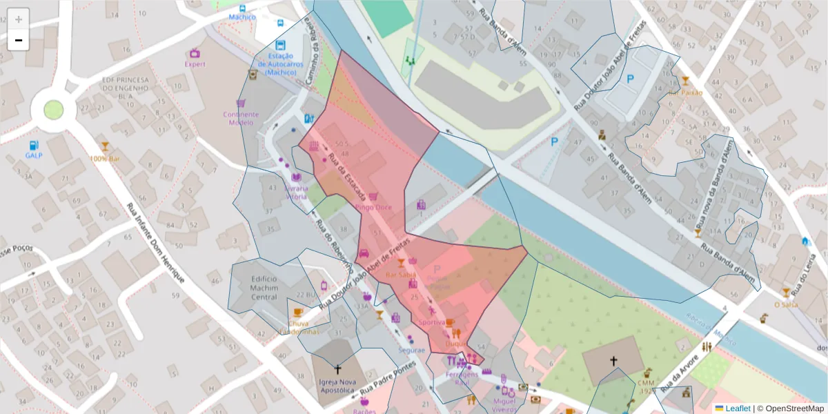 Mapa detalhado do código postal 9200-091 com limites, códigos postais vizinhos e agências dos correios