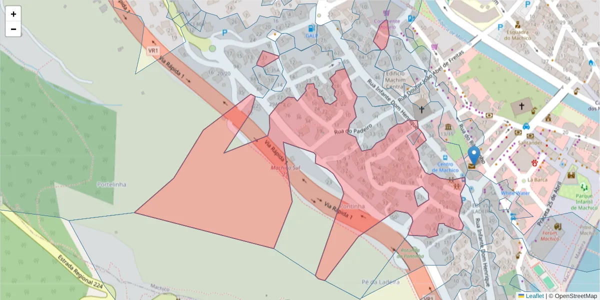Mapa detalhado do código postal 9200-122 com limites, códigos postais vizinhos e agências dos correios