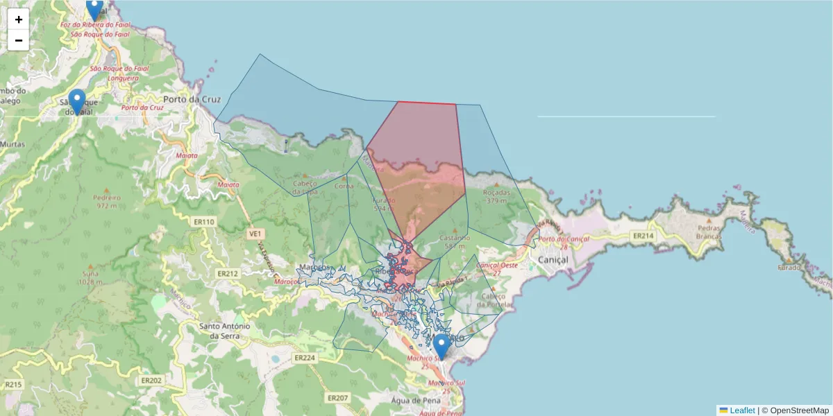 Mapa detalhado do código postal 9200-124 com limites, códigos postais vizinhos e agências dos correios