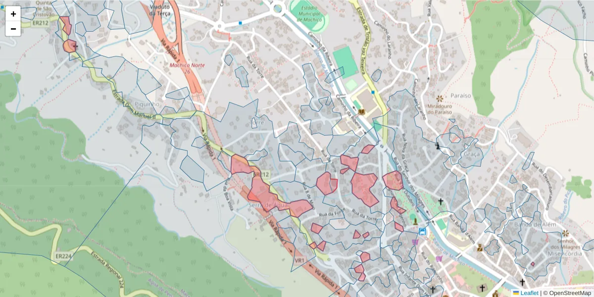Mapa detalhado do código postal 9200-127 com limites, códigos postais vizinhos e agências dos correios