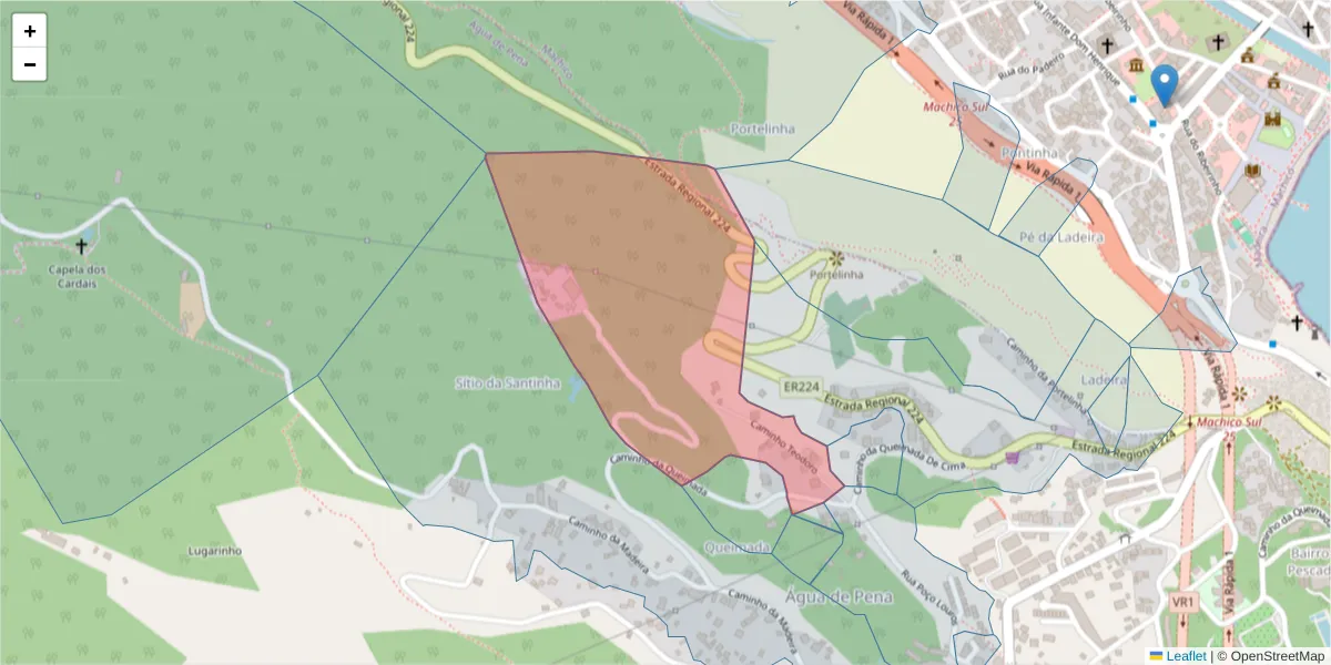 Mapa detalhado do código postal 9200-207 com limites, códigos postais vizinhos e agências dos correios