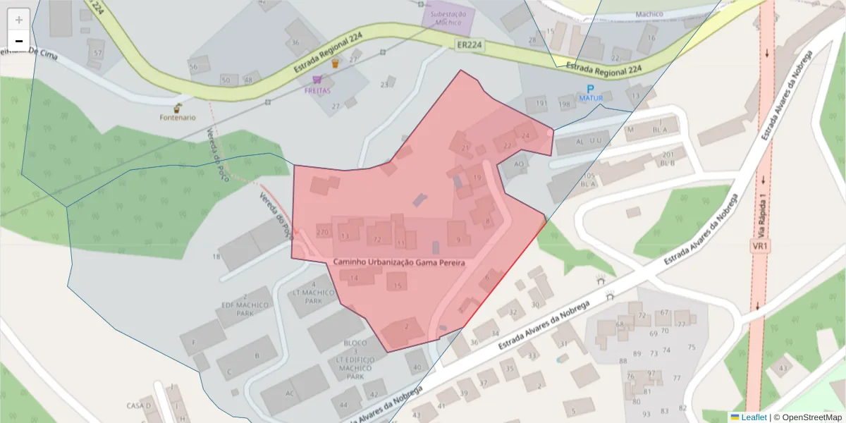 Mapa detalhado do código postal 9200-210 com limites, códigos postais vizinhos e agências dos correios