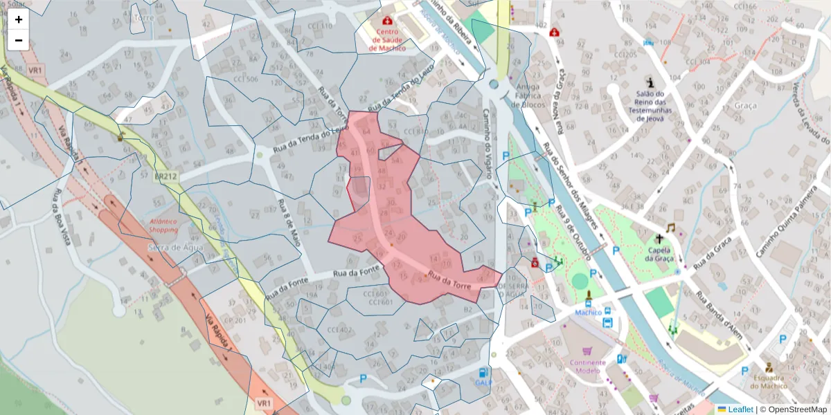 Mapa detalhado do código postal 9200-400 com limites, códigos postais vizinhos e agências dos correios