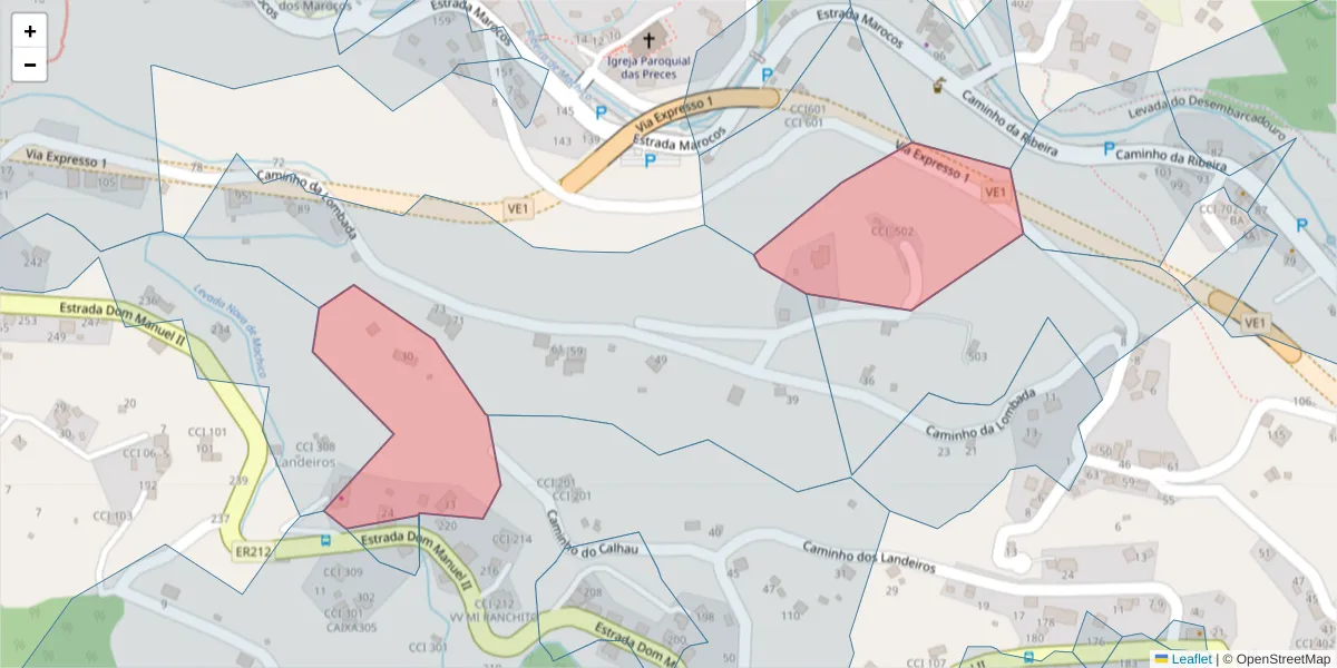 Mapa detalhado do código postal 9200-402 com limites, códigos postais vizinhos e agências dos correios