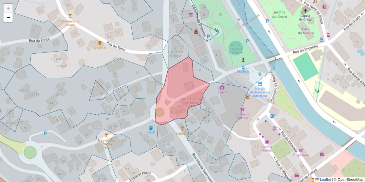 Mapa detalhado do código postal 9200-404 com limites, códigos postais vizinhos e agências dos correios