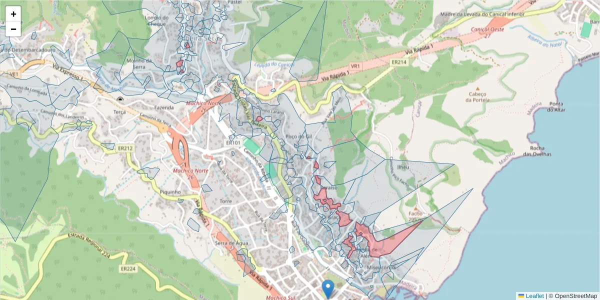 Mapa detalhado do código postal 9200-406 com limites, códigos postais vizinhos e agências dos correios