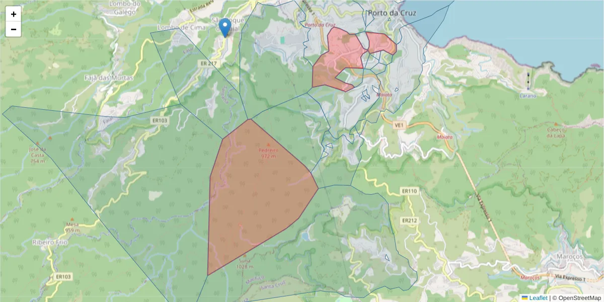 Mapa detalhado do código postal 9225-010 com limites, códigos postais vizinhos e agências dos correios
