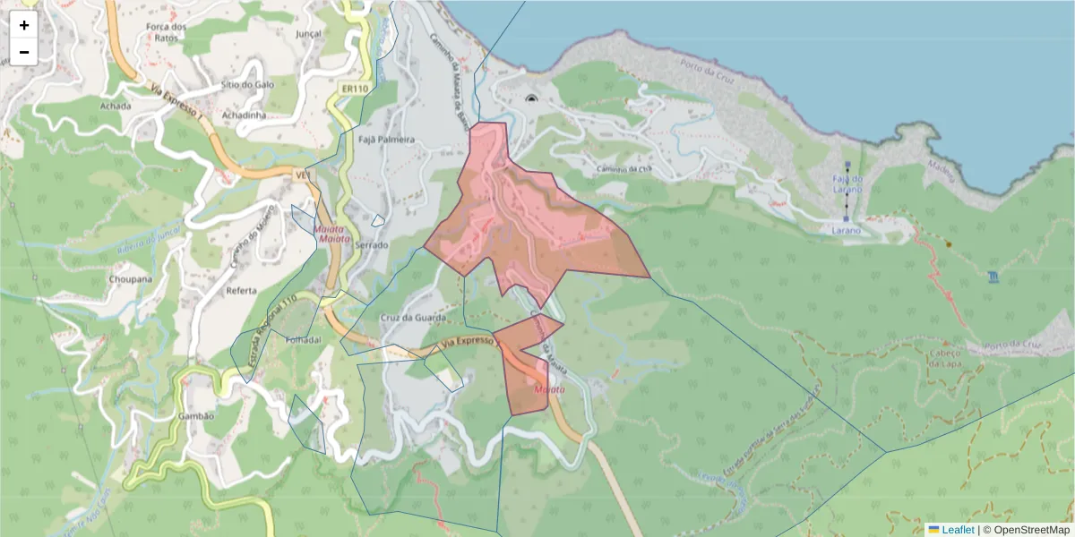 Mapa detalhado do código postal 9225-190 com limites, códigos postais vizinhos e agências dos correios